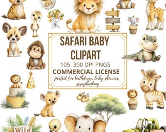 Clipart de animais do Safari em aquarela: filhotes de animais da selva PNG (download digital)