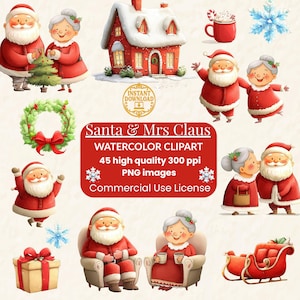 Santa & Mrs. Claus Watercolor Clipart: Christmas PNG Graphics (Digital Download)