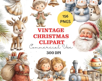 Vintage Christmas Clipart, Retro PNG Graphics for DIY Cards, Scrapbooking, Stickers, and Embellishments