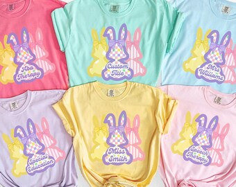 Personalized Easter Teacher Shirt, Custom Bunny Comfort Colors Tee, SLP ABA Special Education Teacher Gift, Spring Teacher Shirt