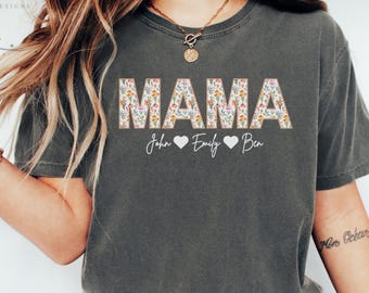 Personalized Mama Shirt with Kids Names, Spring Floral Comfort Colors Tee, Mothers Day Gift for Mom, Vintage Mama Shirt