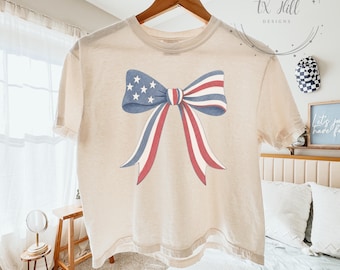 Comfort Colors 4th of July Shirt, Coquette Bow American Flag Boxy Tee, Patriotic USA Shirt, Red White Blue Tank, July 4th Crop Top Women