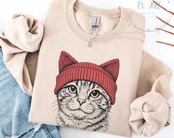 Tabby Cat in Beanie Sweatshirt, Vintage Cat Sweater, Cozy Cat Lover Gift, Retro 90s Cat Graphic Pullover, Cute Kitten Crewneck