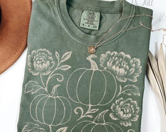 Comfort Colors Pressed Flowers Pumpkin Shirt, Boho Floral Cottagecore Shirt, Vintage Botanical Fall Tee, Rustic Thanksgiving Pumpkin Shirt