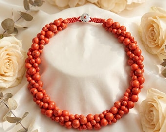 Faux Red Coral Beaded Necklace, Hand-Knotted Boho Statement Jewelry, Gift for Her