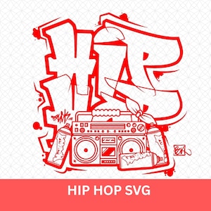 May include: Red graphic of the word "HIP HOP" in graffiti style, with a boombox and spray paint cans. The image includes the text "HIP HOP SVG" in a red banner at the bottom. The design is on a white background with a subtle pattern.