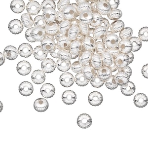 Metal beads: 4.5 mm x 3 mm corrugated saucer beads, silver plated brass, 50 beads