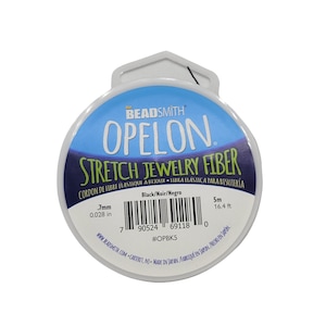 Opelon flat stretch bead and jewelry fiber, .7 mm, black, 5 meter spool. Make stretch bracelets & anklets. Medium weight, flat cord