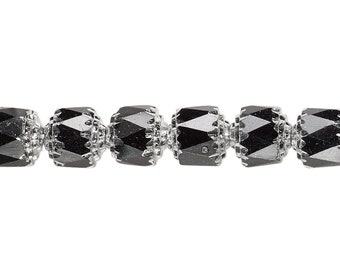 8mm jet black with metallic silver catherdal cut glass beads, 10 pcs.