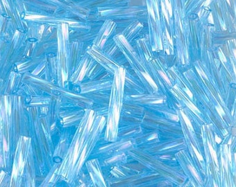 12mm x 2mm AB transparent aqua twisted bugle beads, Miyuki 260, 25gm, ~420 beads. Wedding | school colors | Spring | pastel blue | Easter