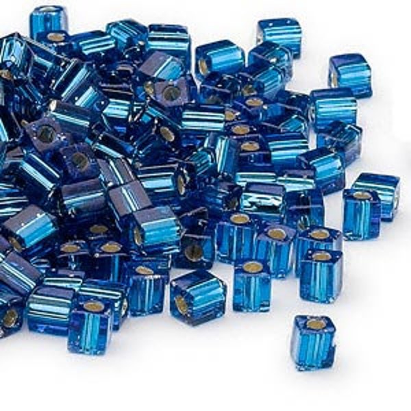 4mm silver lined dark blue square beads, Miyuki # SB149S, 20gm, ~208 beads. Beach, tropical, Summer, school color