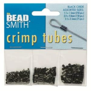 Crimp tube assortment: smooth, black oxide plated metal, The Bead Smith, 3 sizes- .5 mm, 1.25 mm & 1.3 mm inside dia., 475 pcs. TCBASSTB-R
