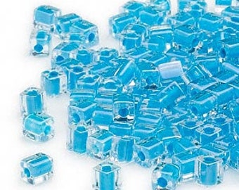 4mm clear color lined teal square beads, Miyuki # SB247, 20gm, ~208 beads. School color, tropical, ocean blue, Summer, Hanukkah