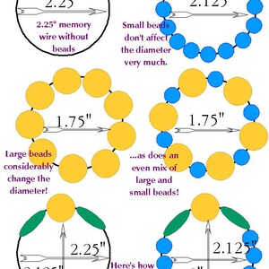 May include: Diagram showing how the size of beads affects the diameter of a bracelet. The diagram shows four bracelets with different bead sizes and the corresponding diameters in inches. The text "Small beads don't affect the diameter very much." is included in the diagram. The text "Large beads considerably change the diameter!" is included in the diagram. The text "...as does an even mix of large and small beads!" is included in the diagram. The text "Here's how other designs can affect the diameter." is included in the diagram.
