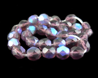 6mm faceted round, AB matte purple Czech fire-polished glass beads, 8" strand, 33 beads. Aurora borealis, spring, Easter, prom, Mardi Gras