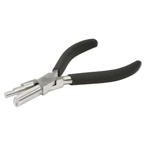 May include: A pair of silver-toned jewelry pliers with black rubber handles. The pliers have a rounded jaw for closing jump rings.