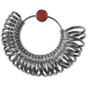 Metal Finger Size Measuring Rings Set: sizes 1 to 15 in 1/2 size increments, 29 metal rings attached to a larger metal ring.