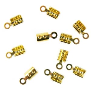 Fold over crimp ends: 2 mm, gold plated, 36 pcs. 2.7 mm W, 4 mm fold over flaps, 8.6 mm L. End for necklaces, cord, cording, ribbon