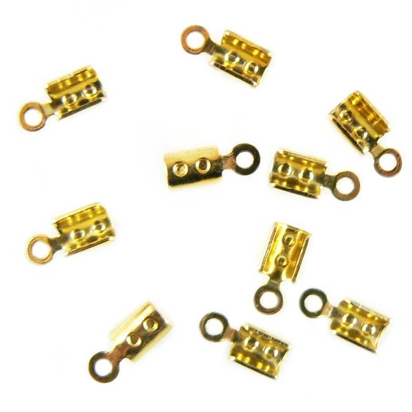 2mm gold plated fold over crimp cord ends, 36 pcs. 2.7mm wide, 4mm fold over flaps, 8.6mm overall length. End for necklaces, bracelets, cord