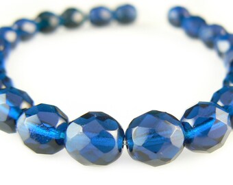 8mm faceted round, capri blue, Czech fire-polished glass beads, 7" strand, ~22 beads. Ocean blue, tropical, summer, patriotic, prom