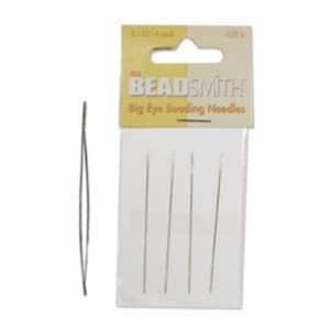 May include: A pack of four 2 1/2 inch big eye beading needles. The pack is yellow and white with the text "The Beadsmith Big Eye Beading Needles".