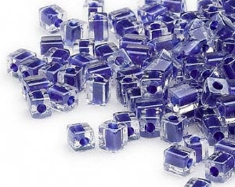 4mm clear color lined cobalt blue square beads, Miyuki # SB239, 20 grams, approx 208 beads. School color, purple blue, Mardi Gras, tropical