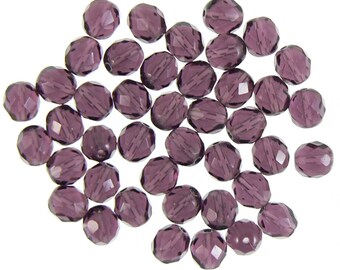 8mm faceted round amethyst purple, Czech fire-polished glass beads, 21 beads