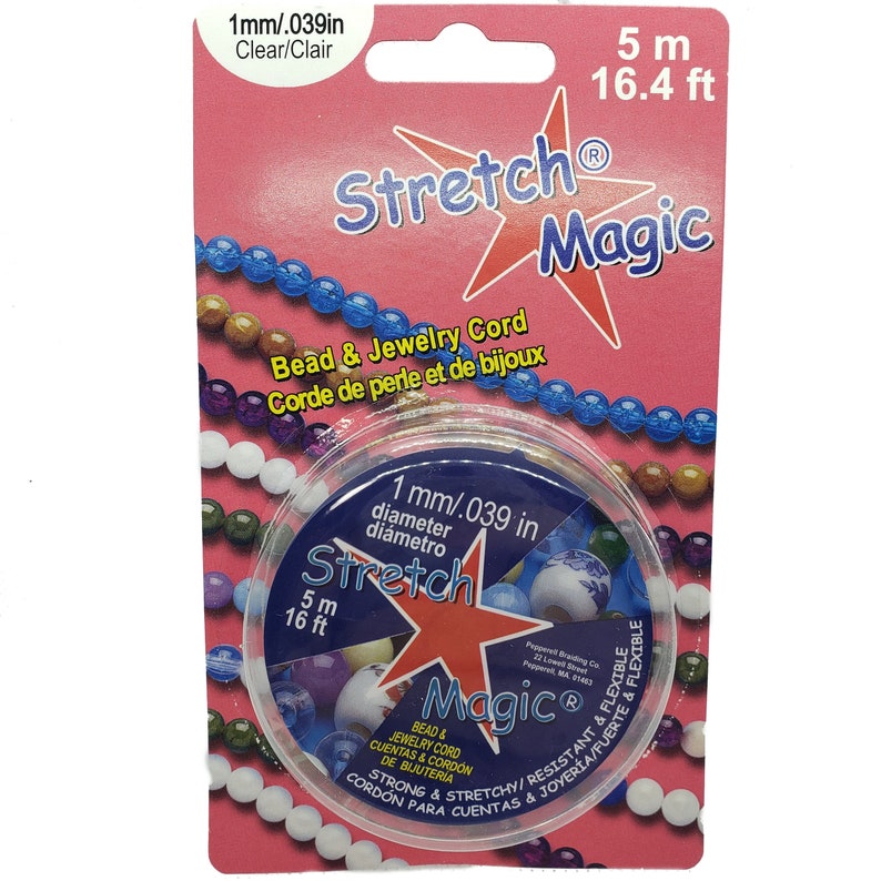 May include: A roll of clear stretch magic bead and jewelry cord. The cord is 1 mm in diameter and 16.4 feet long. The packaging is pink and white with the text "Stretch Magic" in large letters.