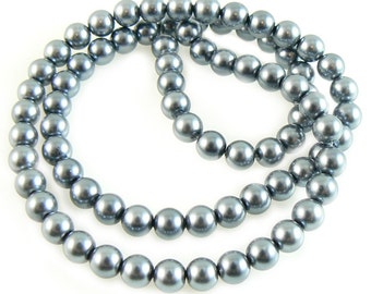 6mm luster dark gray glass pearls, 7" strand, approx. 30 beads