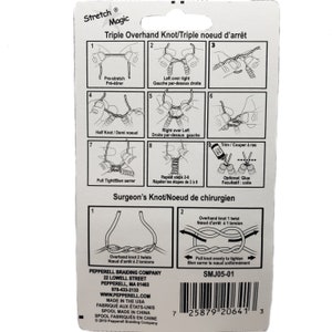 May include: Instructions for tying a triple overhand knot and a surgeon's knot using a stretchy cord. The instructions are illustrated with diagrams and include text in both English and French. The back of the card includes the company name, address, website, and a barcode.