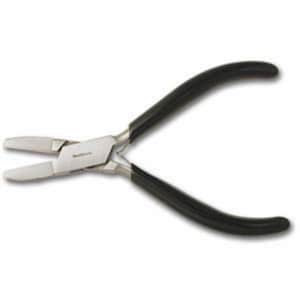 May include: Black handled pliers with white, flat, angled jaws. The pliers are designed for jewelry making.