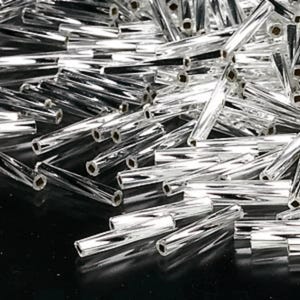 Bugle beads: Miyuki # 1, 12 mm x 2 mm, twisted glass, silver, 25 g, ~420 beads