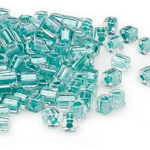 4mm clear color lined metalic teal square beads, Miyuki # SB2606, 20gm, ~208 beads. Beach, tropical, Summer, school color