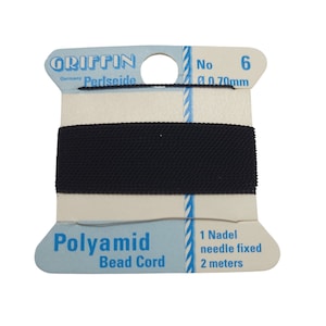 Griffin nylon bead cord: Size 6, 0.7 mm diameter, black,  w/ attached needle, 2 meters
