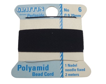 Griffin Black Nylon Bead Cord: Size 6, .7mm with Needle, 2 Meters