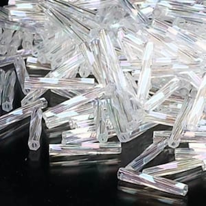 Bugle beads: Miyuki # TW250AB, 12 mm x 2 mm, twisted, glass, AB crystal clear, 25 g, ~420 beads