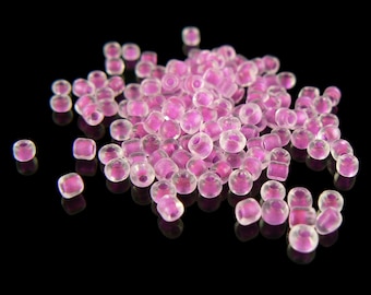 Size 8/0 clear color lined dark fuchsia seed beads, 20 grams, approx 1,000 beads. Hot pink, bright, Spring Easter, fluorescent, fun