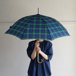 Bambusgriff-Regenschirm, One-Touch-Öffnungsschirm, Sonnenschirm, Blockcheck, schwarze Uhr