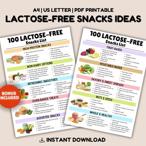 May include: A printable guide with 100 lactose-free snack ideas, divided into categories such as high-protein snacks, non-dairy options, refreshing smoothies, oven-baked treats, assorted snacks, fruit-based, vegetable-based, savoury & sweet spreads, nuts & seeds, and whole & healthy. The guide features colourful illustrations of the snacks.