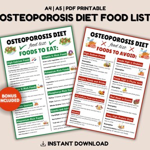 Afdrukbaar osteoporosedieetplan, voedsellijst met hoog calciumgehalte, osteoporose botgezondheidsdieet, dieetplan, osteoporose voedselkaart, voedseldagboek