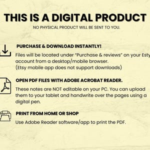Op de afbeelding: Een digitale productaankondiging met de tekst: "DIT IS EEN DIGITAAL PRODUCT. ER WORDT GEEN FYSIEK PRODUCT NAAR U VERZONDEN." Instructies zijn opgenomen over hoe te kopen, downloaden, PDF-bestanden te openen en af te drukken.
