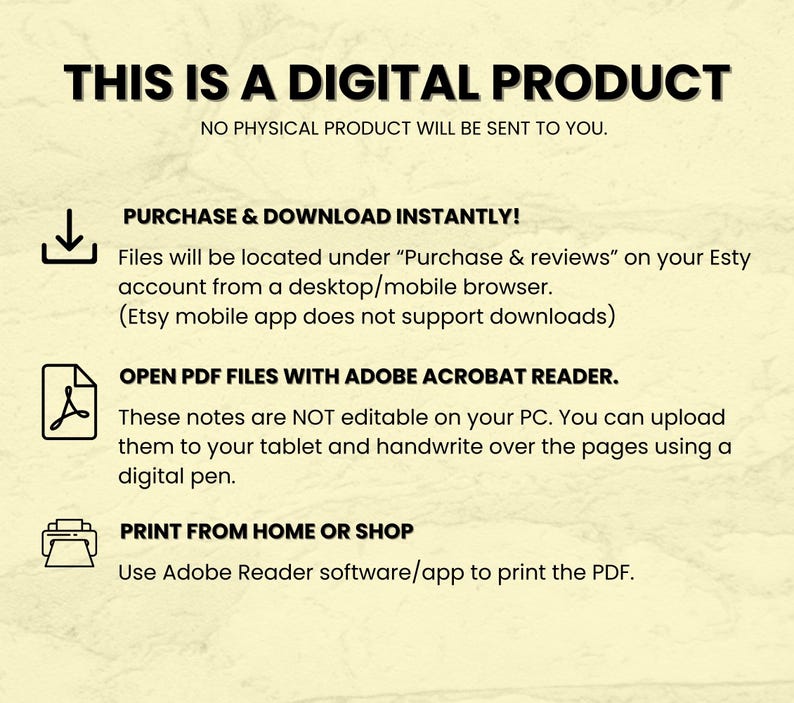 Op de afbeelding: Een digitale productaankondiging met de tekst: "DIT IS EEN DIGITAAL PRODUCT. ER WORDT GEEN FYSIEK PRODUCT NAAR U VERZONDEN." Instructies zijn opgenomen over hoe te kopen, downloaden, PDF-bestanden te openen en af te drukken.