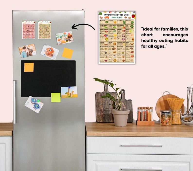 Op de afbeelding: Een koelkast met diverse magneten, waaronder een voedingsgids met de titel "Diverticulosis Food Guide FOODS TO EAT". De kaart is kleurrijk en bevat illustraties van verschillende voedingsmiddelen. Andere magneten zijn foto's en plaknotities.