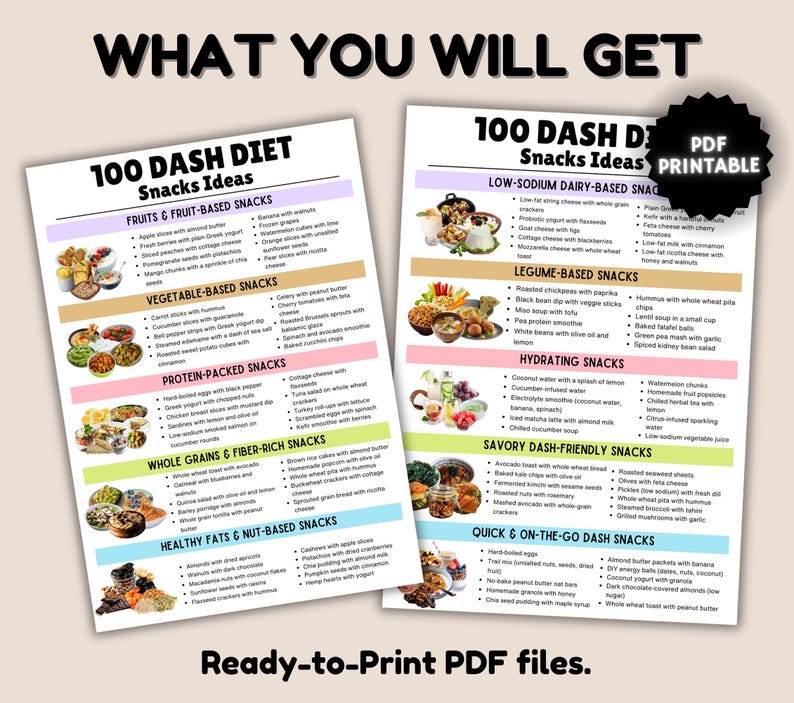 May include: A printable PDF guide with 100 DASH diet snack ideas, divided into categories like fruits, vegetables, protein, whole grains, and healthy fats. The guide includes a variety of snack options, such as fruit and nut combinations, yogurt with fruit, and roasted chickpeas.