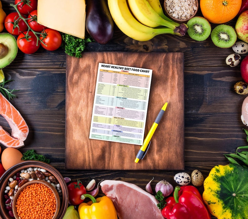 May include: A heart-healthy diet food chart with a yellow pen on a wooden cutting board surrounded by various fruits, vegetables, and other foods. The chart lists different food groups and their nutritional value.