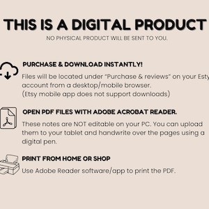 May include: A digital product information graphic with text: "THIS IS A DIGITAL PRODUCT." Instructions include purchasing, downloading, opening PDF files, and printing from home or shop. Icons of a cloud, document, and printer are included.