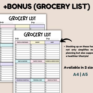 May include: Two printable grocery list templates in A4 and A5 sizes. The lists are divided into categories like fruits and vegetables, bakery, dairy, meat and seafood, pantry staples, canned and jarred goods, household essentials, personal care, and snacks and treats. Each category has a checklist with boxes to check off items.