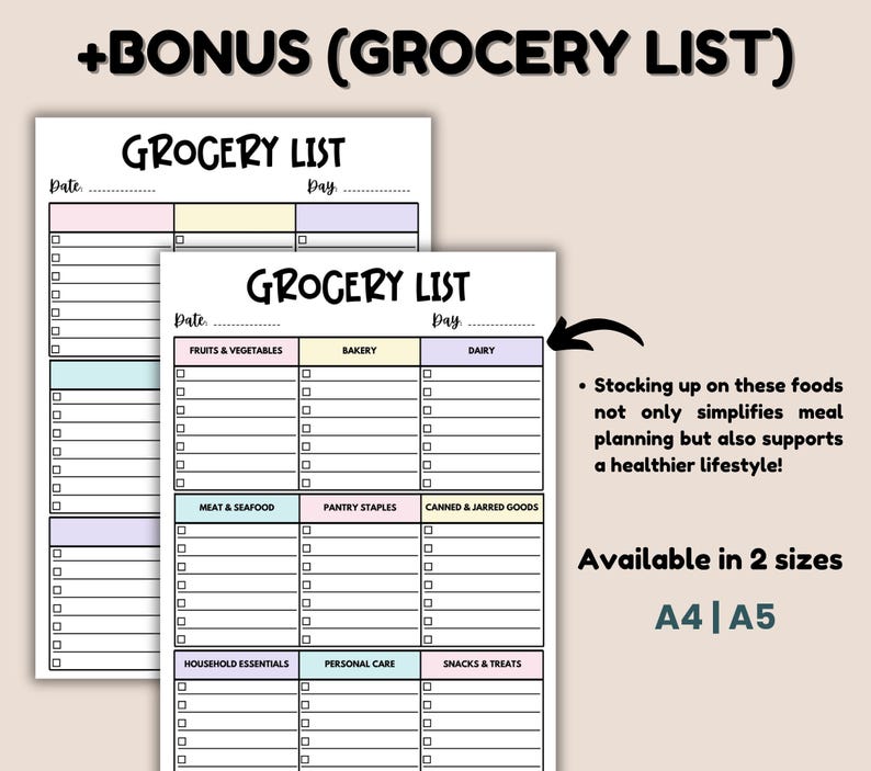 May include: Two printable grocery list templates in A4 and A5 sizes. The lists are divided into categories like fruits and vegetables, bakery, dairy, meat and seafood, pantry staples, canned and jarred goods, household essentials, personal care, and snacks and treats. Each category has a checklist with boxes to check off items.