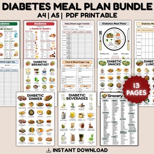 Pacchetto di piani alimentari per diabetici stampabili, tabella alimentare per diabetici, foglio dietetico per diabetici, pianificatore di pasti per diabetici, lista della spesa, lista di alimenti per diabetici