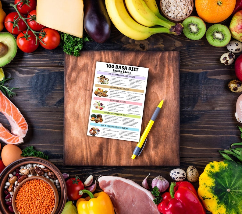 May include: A printable guide with 100 Dash Diet snack ideas, organized into categories: Low Sodium Dairy-Based Snacks, Legume-Based Snacks, Rotating Snacks, Dairy Dash Friendly Snacks, Quick & On-the-Go Dash Snacks. The guide is on a wooden surface surrounded by fresh produce, including tomatoes, bananas, lemons, and a variety of other fruits and vegetables.